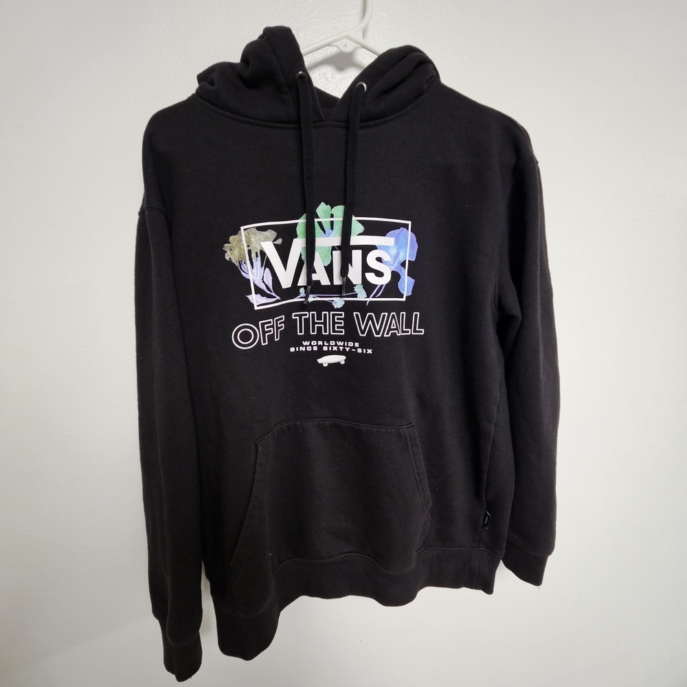 Vans Hoodie Small Black Pullover Sweatshirt Skateboarding Floral Off The Wall